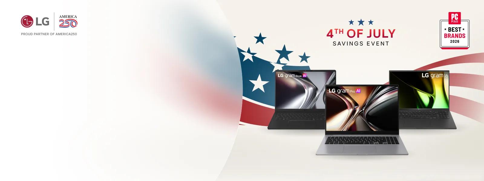 “4th of July Savings Event” title badge. A group of LG laptops on a stars and stripes background. “PC MAG best brands” badge. “LG + America250: Proud Partner of America250” badge.