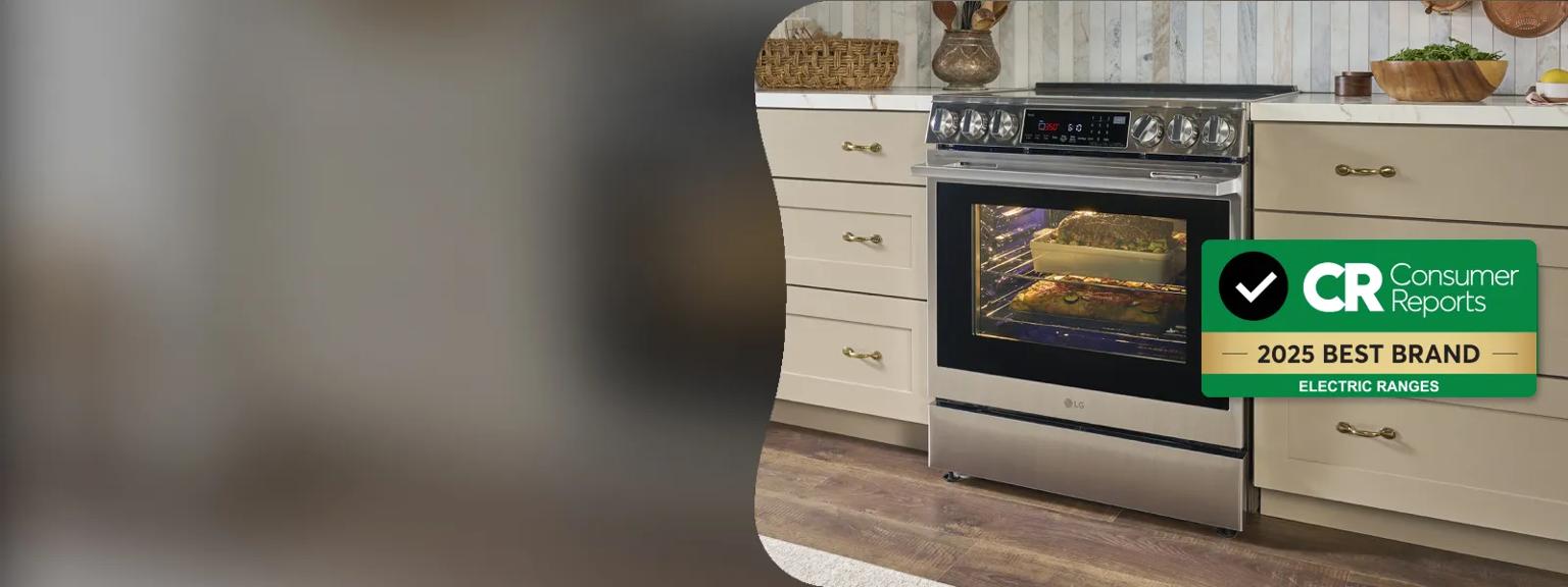 An LG range in a stylish kitchen with a roast inside. A Consumer Reports badge says “2025 Best Brand Electric Ranges.”