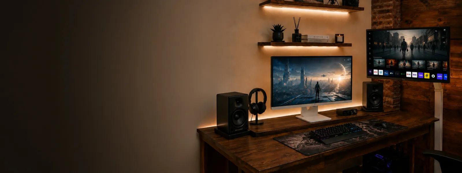 An LG Monitor and Monitor Swing appear on an entertainment desk.