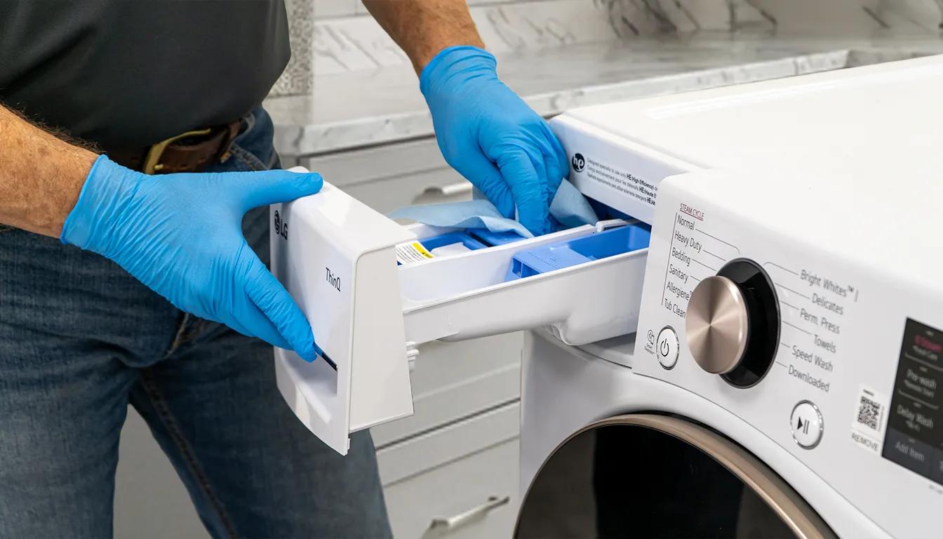 A technician wearing blue gloves pulling out the detergent dispenser drawer of a white LG washing machine to clean the internal compartments with a blue cloth.