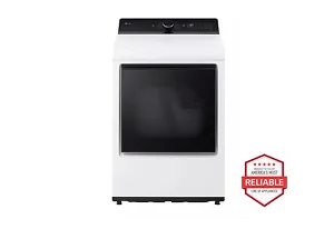 A front-facing image of the LG DLE8400WE top load dryer next to a red 'America's most reliable line of home appliances' badge.