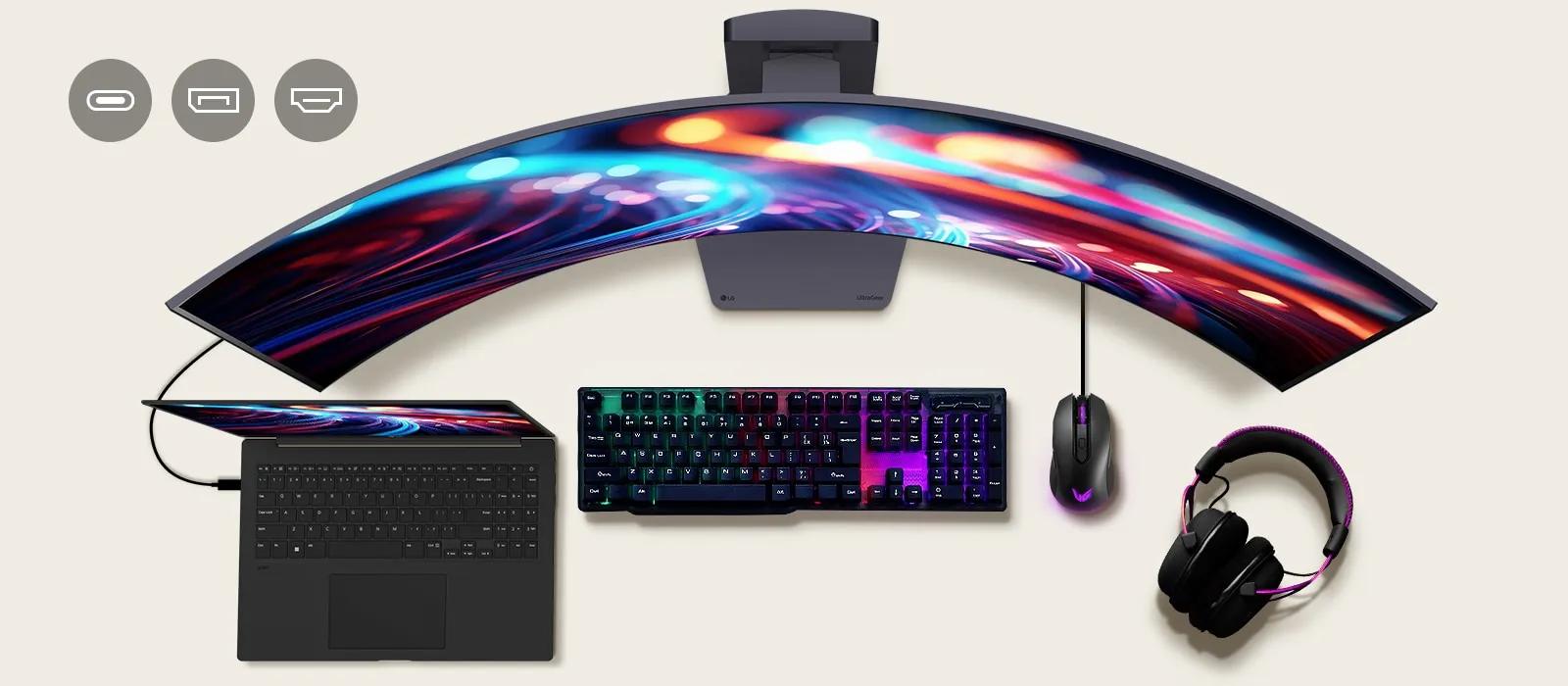 Top view of a curved LG UltraGear monitor connected to a laptop, gaming keyboard, mouse, and headphones, with icons indicating multiple connectivity options including USB-C, DisplayPort, and HDMI.