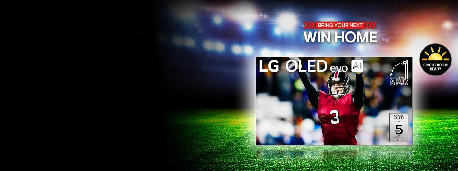 “Bring your next win home” title badge. An LG OLED TV on a football field backdrop. “Bright Room Ready” badge. A cheering player and “World’s No. 1 OLED TV for 12 years” text appear on TV infill.