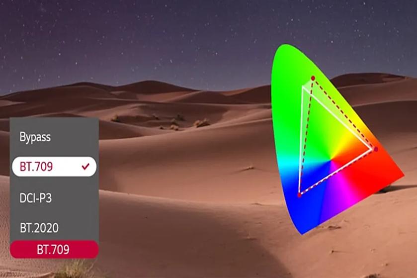 Desert landscape at night with a color spectrum graphic and a menu listing color spaces.
