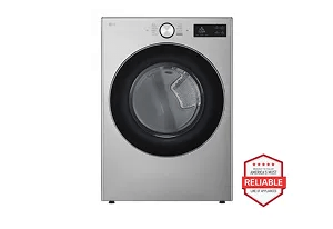 A front-facing image of the LG DLGX5801V front load dryer next to a red 'America's most reliable line of home appliances' badge.
