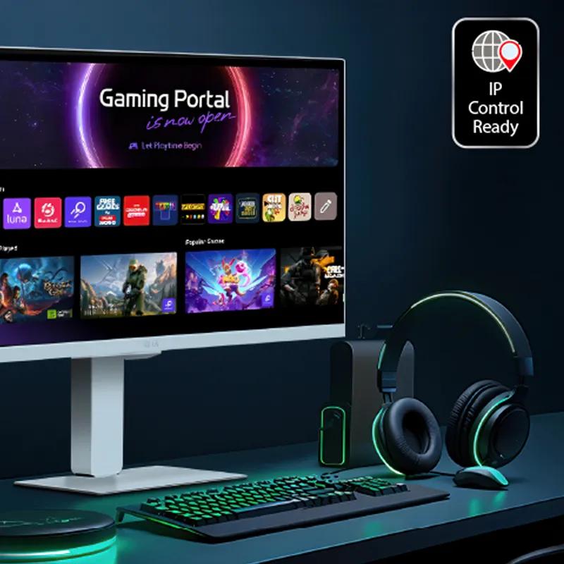 A desktop gaming setup. IP Control Ready Badge.