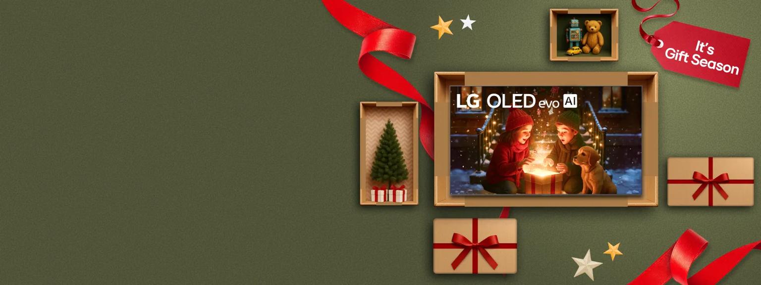 “It’s gift season” badge. Opened and unopened gift boxes appear in a cluster. Center box displays LG OLED TV.