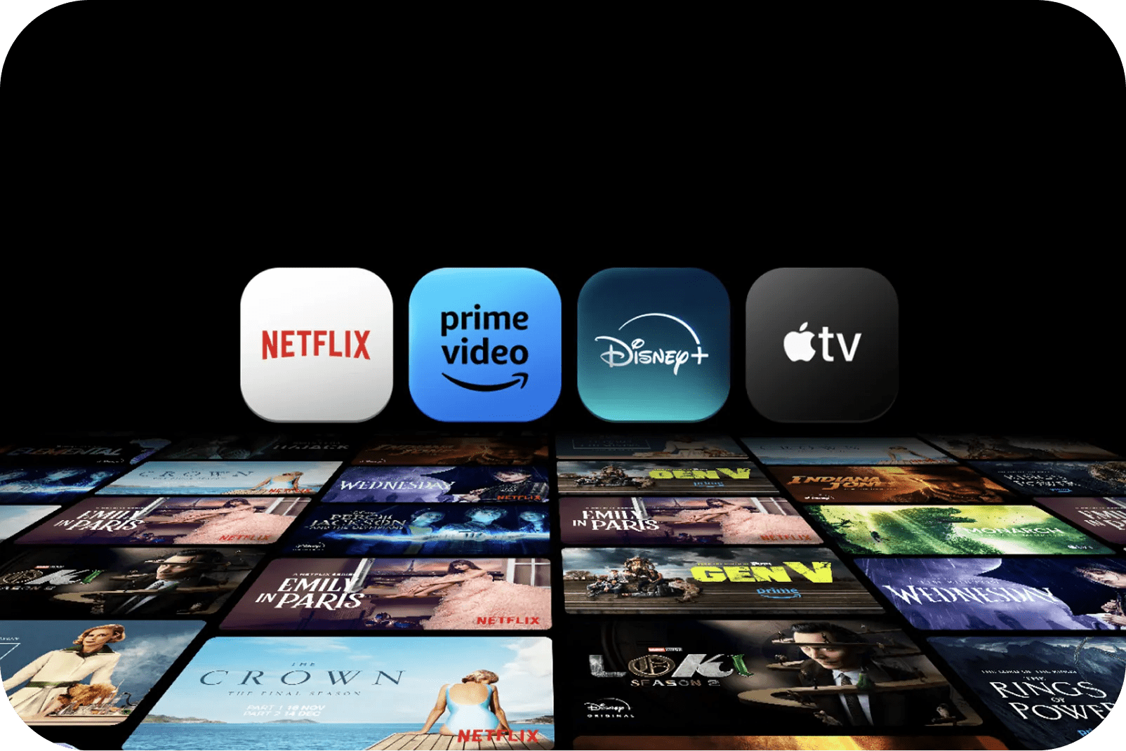 A grid of streaming service icons, including Netflix, Prime Video, Disney+, and Apple TV, shown above thumbnail images of shows and movies.
