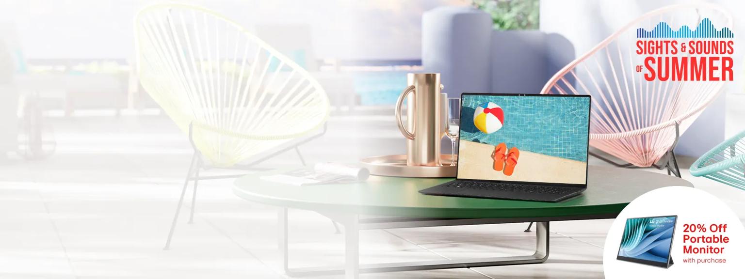“Sights and sounds of summer” title . LG gram laptop on a poolside table. “”20% off portable monitor” pop-out text.