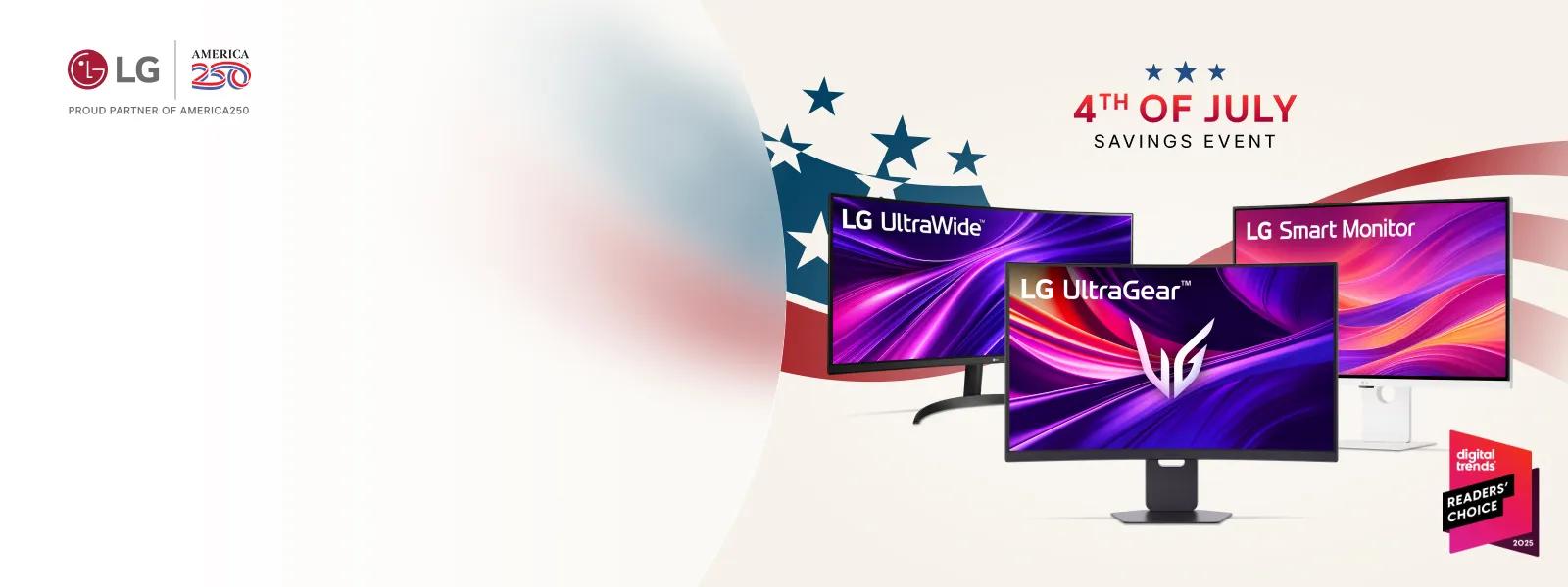 “4th of July Savings Event” title badge. A group of LG monitors on a stars and stripes background. “digital trends” badge. “LG + America250: Proud Partner of America250” badge.