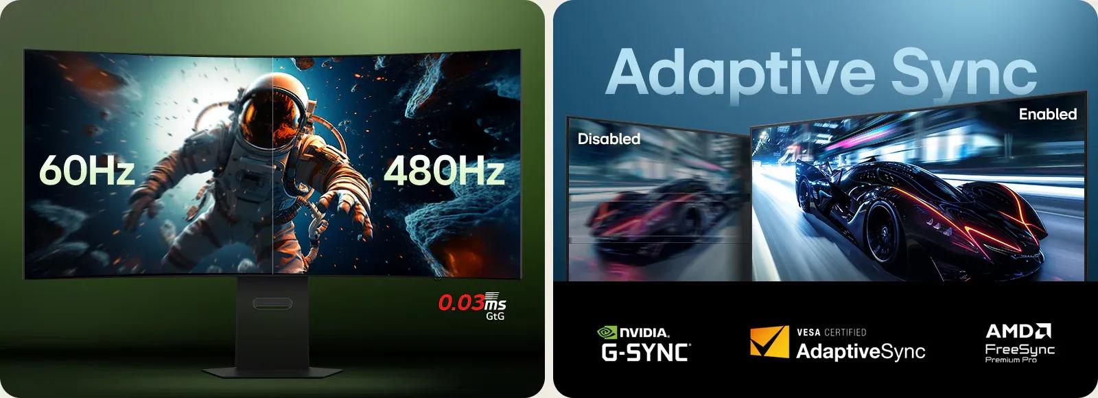 Side-by-side visuals highlight LG UltraGear gaming performance, with the left showing a curved monitor comparison of 60Hz versus 480Hz refresh rate and 0.03ms response time during a space scene, and the right showing Adaptive Sync enabled versus disabled in a futuristic racing game, featuring NVIDIA G-SYNC, VESA AdaptiveSync, and AMD FreeSync Premium Pro logos.
