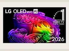 The front view of the LG OLED evo AI G6, released in 2026, displays layered vivid multicolored forms on screen with the World's No.1 OLED TV for 13 Years badge.