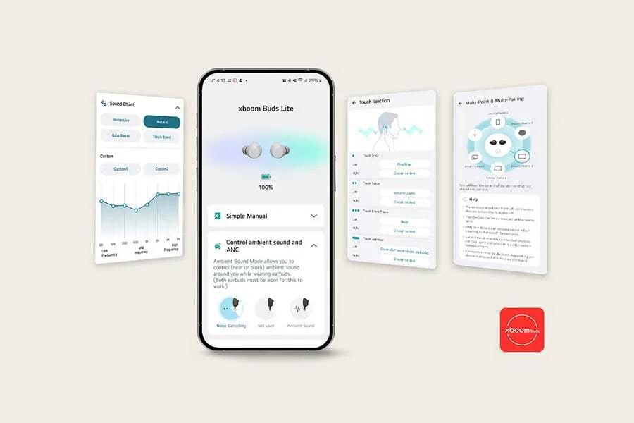 Image of a mobile phone with the LG ThinQ app loaded on and syncing with the Buds