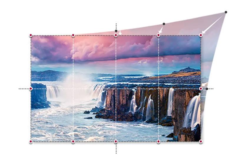 Landscape of waterfalls under pink and purple clouds, divided by a grid.