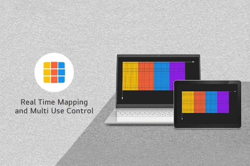 A GIF with four slides, as follows: a laptop and tablet with the same image of colored grids with text 'Real Time Mapping and Multi Use Control.' A triangular color gradient on a lighter version of the same gradient with text 'Superior Color Control.' A game control set over a grid, with two columns filled in with red, and text 'Hyper-speed Seam Correction by Using Game Controller.' A monitor with heat map and tabs for  other reports displayed with text 'Monitoring and Diagnostics Using Connected Diagnostics.'
