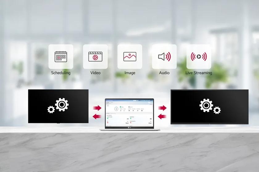 A laptop between two screens with gear icons, under icons for scheduling, video, image, audio, and live streaming.