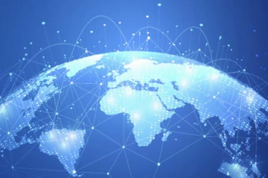 A digital globe showing Europe, Asia, and Africa with network lines and dots against a blue background.