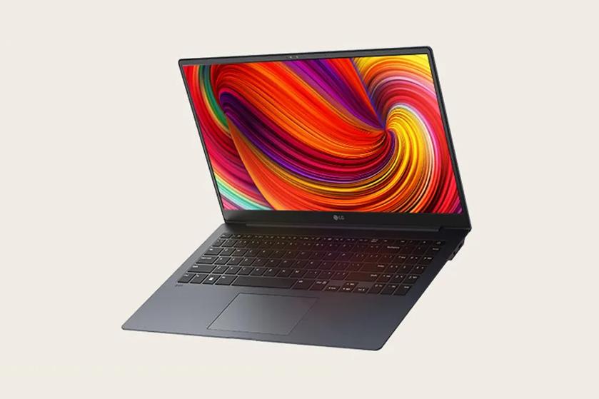 Open laptop with a colorful abstract screen design and LG logo.