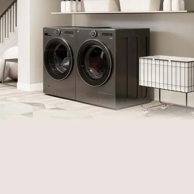 An LG Front Load washer and dryer appear in a home den and laundry room. “$100 instant savings” text appears above. 