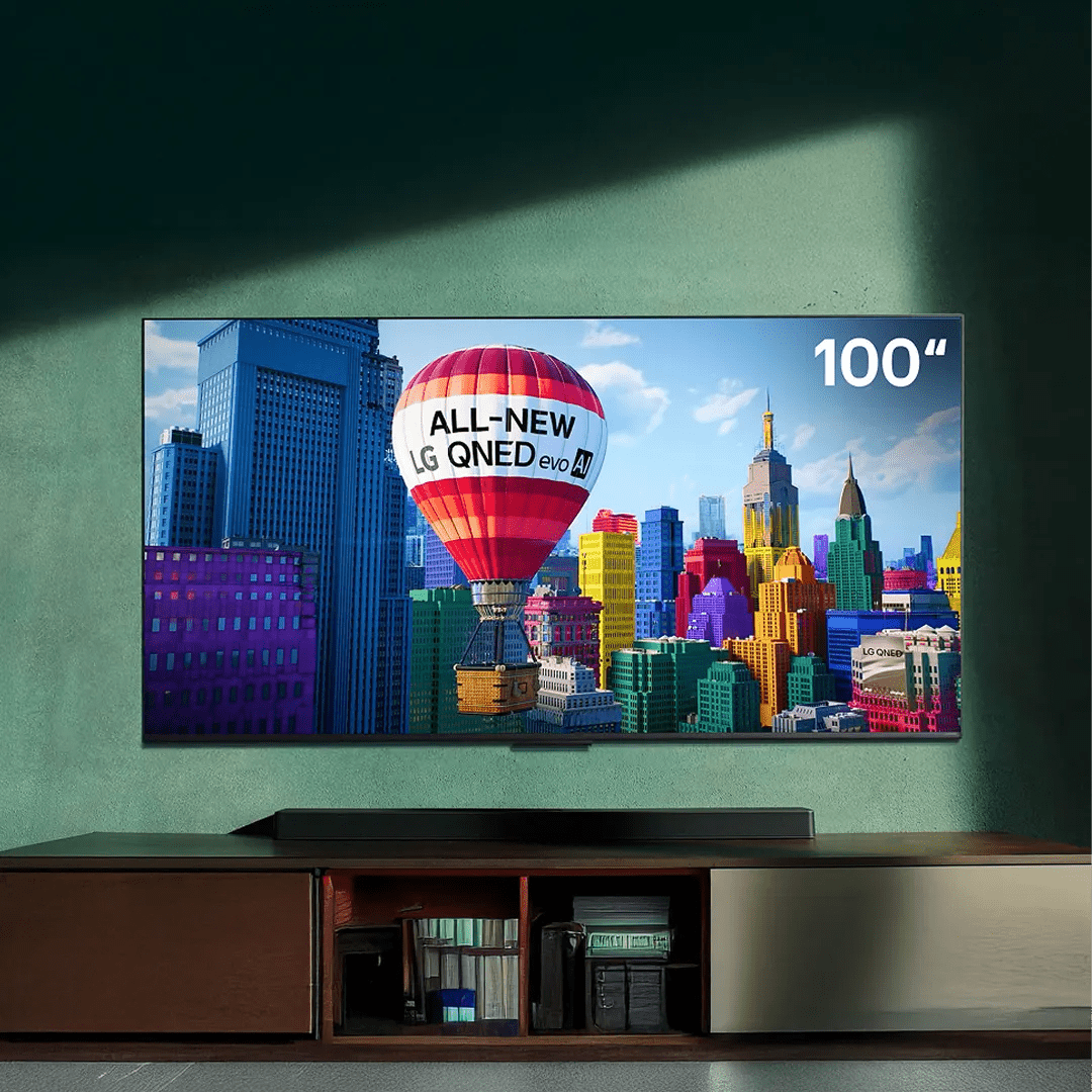An LG QNED TV prominently displayed in living room setting.