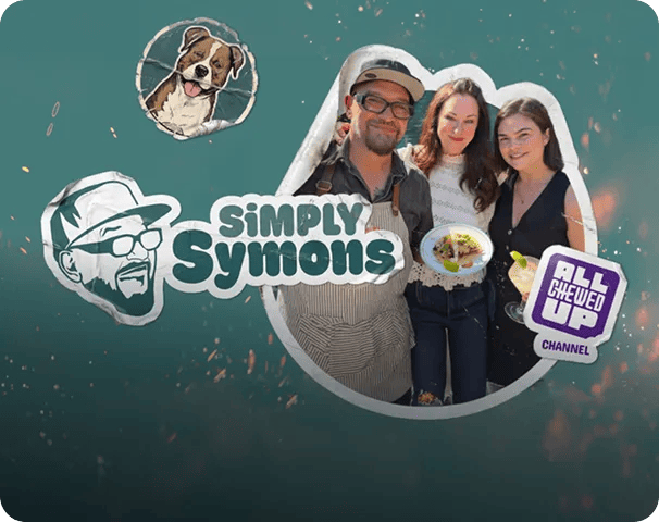 Promotional graphic for the Simply Symons show, featuring the main characters in a kitchen setting.