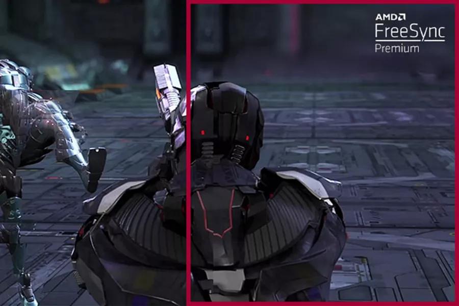 In The Fast Paced FPS Game The Player Moves Around 3 Opponents Attacking and Shooting Against and The Screen Tearing And Shuttering in The Opponent s Motion Appears with Freesync Premium Mode Off Comparing to Another Scene in the Seamless Movement with Freesync Premium Mode On