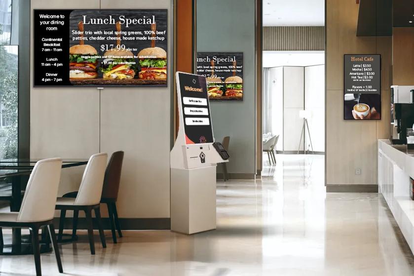 A hotel restaurant and cafe uses LG signage to advertise the daily lunch special. 