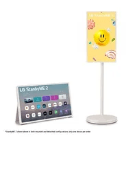 LG StanbyME 2 27-inch portable smart screen shown in both portrait and landscape orientations.