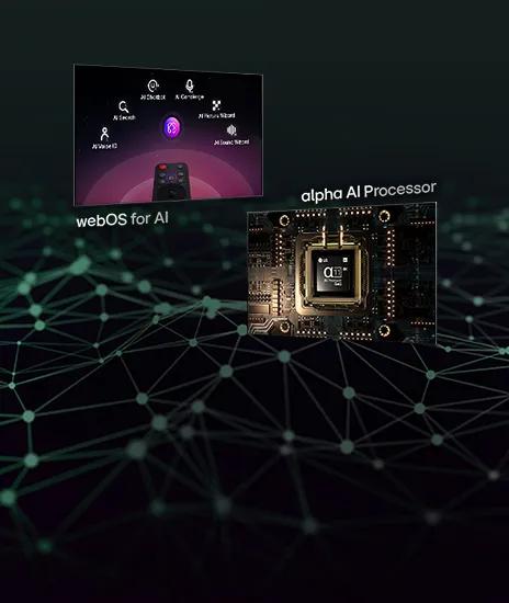 LG presents two screens highlighting its AI TV technology: one displaying webOS for AI with the Magic Remote, and the other showing the alpha 11 AI Processor refining image sharpness and texture through advanced AI processing for a more natural picture.