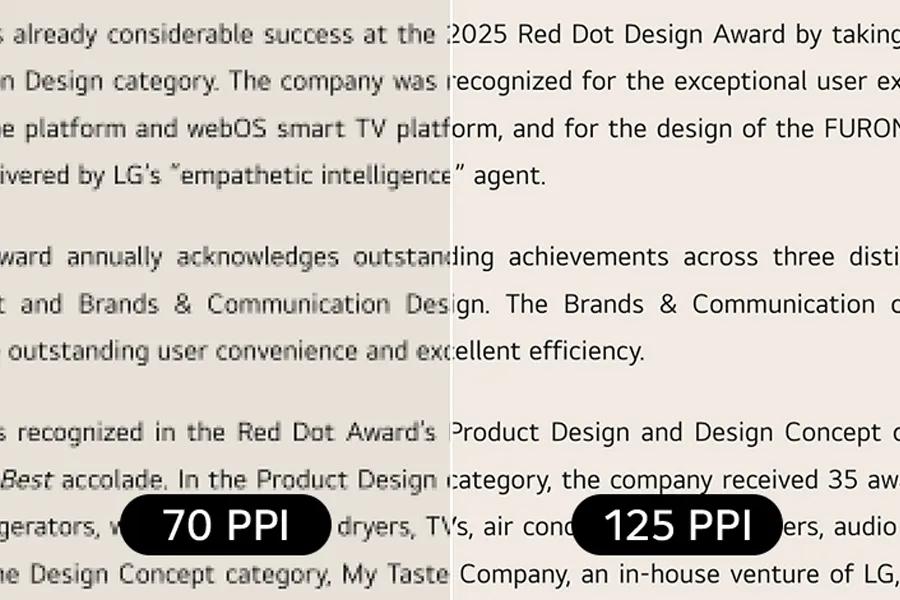 45GX950B-B LG UltraGear OLED Gaming Monitor feature highlighting 70 PPI and 125 PPI pixel density comparison with 2025 Red Dot Design Award recognition text