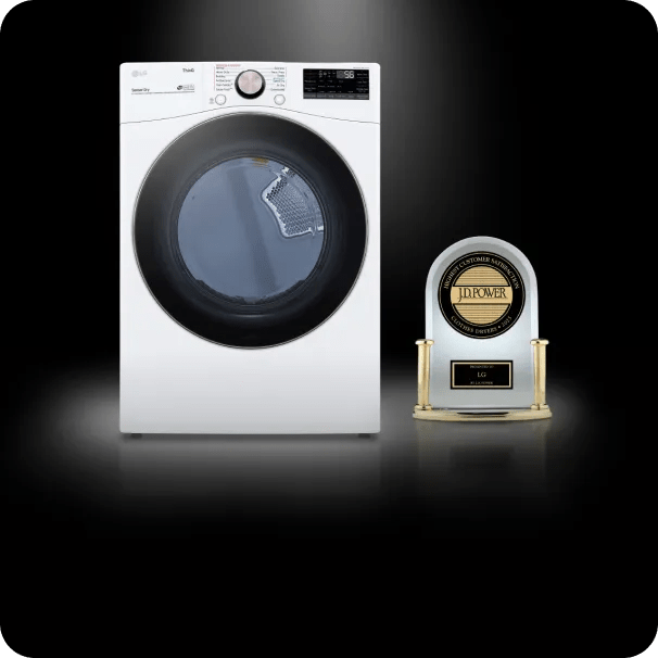 An LG front load dryer is pictured on a black background next to a gold J.D. Power trophy, awarded to LG.