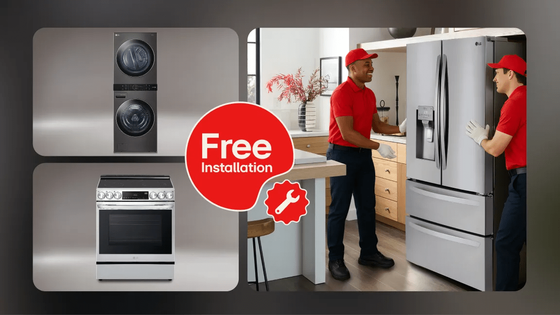 Various scenes with professionals installing LG appliances. “Free Installation” badge.