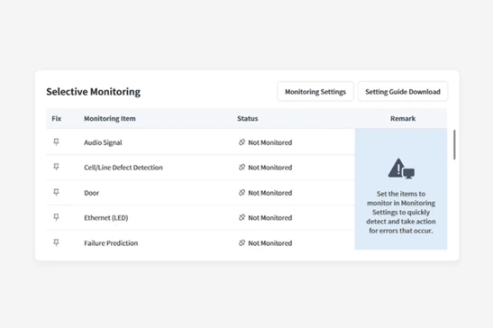 Alt-text:

User interface panel titled "Selective Monitoring" with a status table of unmonitored items.

Transcribed Text:

Selective Monitoring

Monitoring Settings | Setting Guide Download

Fix | Monitoring Item | Status | Remark

Audio Signal | Not Monitored

Cell/Line Defect Detection | Not Monitored

Door | Not Monitored

Ethernet (LED) | Not Monitored

Failure Prediction | Not Monitored

Set the items to monitor in Monitoring Settings to quickly detect and take action for errors that occur.