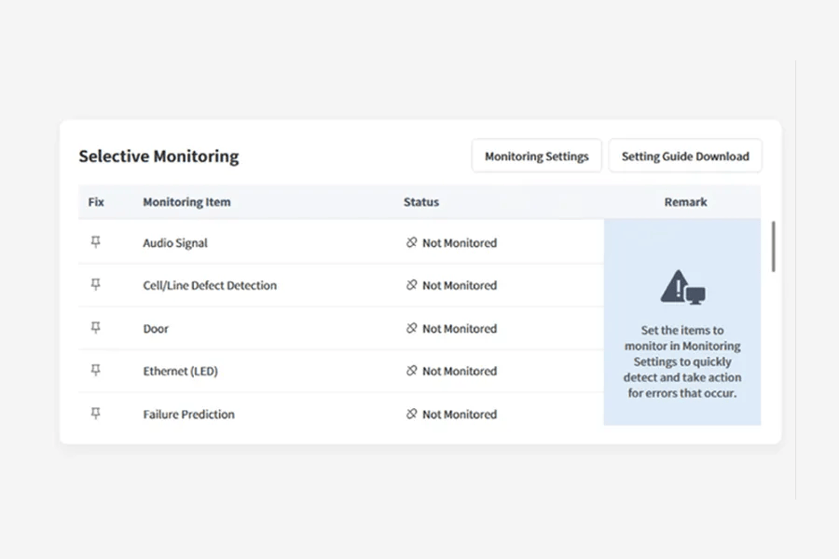 Alt-text:

User interface panel titled "Selective Monitoring" with a status table of unmonitored items.

Transcribed Text:

Selective Monitoring

Monitoring Settings | Setting Guide Download

Fix | Monitoring Item | Status | Remark

Audio Signal | Not Monitored

Cell/Line Defect Detection | Not Monitored

Door | Not Monitored

Ethernet (LED) | Not Monitored

Failure Prediction | Not Monitored

Set the items to monitor in Monitoring Settings to quickly detect and take action for errors that occur.