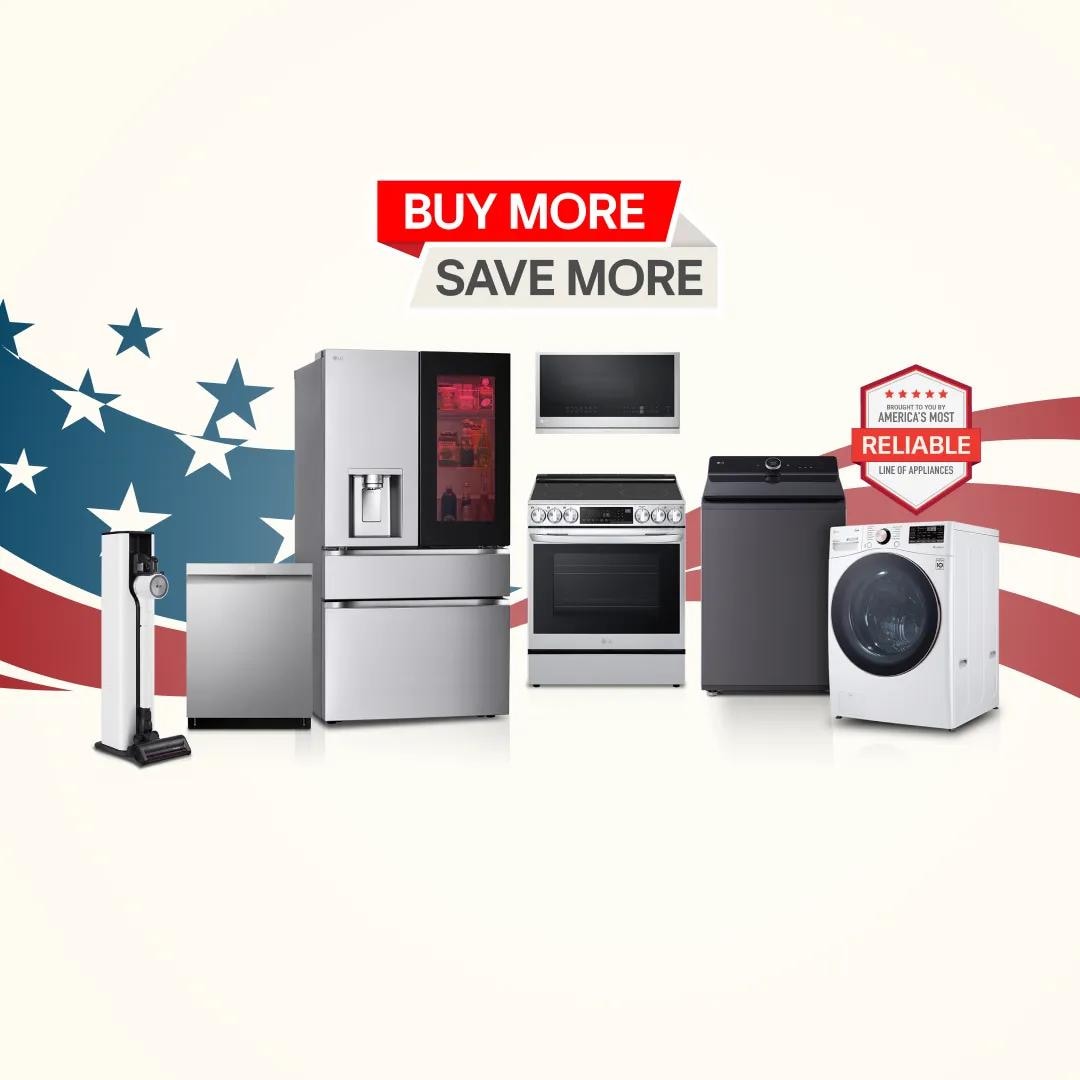 A group of LG home appliances in front of graphic of American Flag. “Buy More, Save More” badge appears above. 
