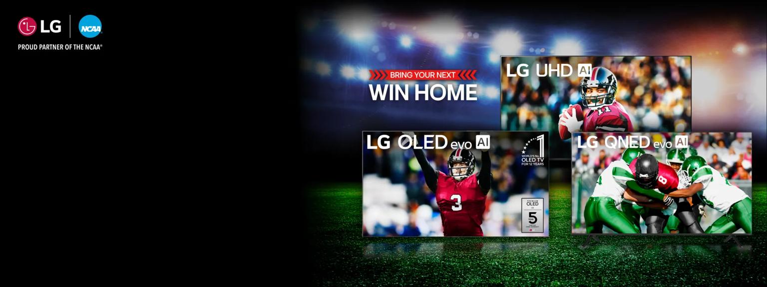 “Bring your next win home” title badge. A group of LG TVs on a football field backdrop. Football scenes appear on TV screens.