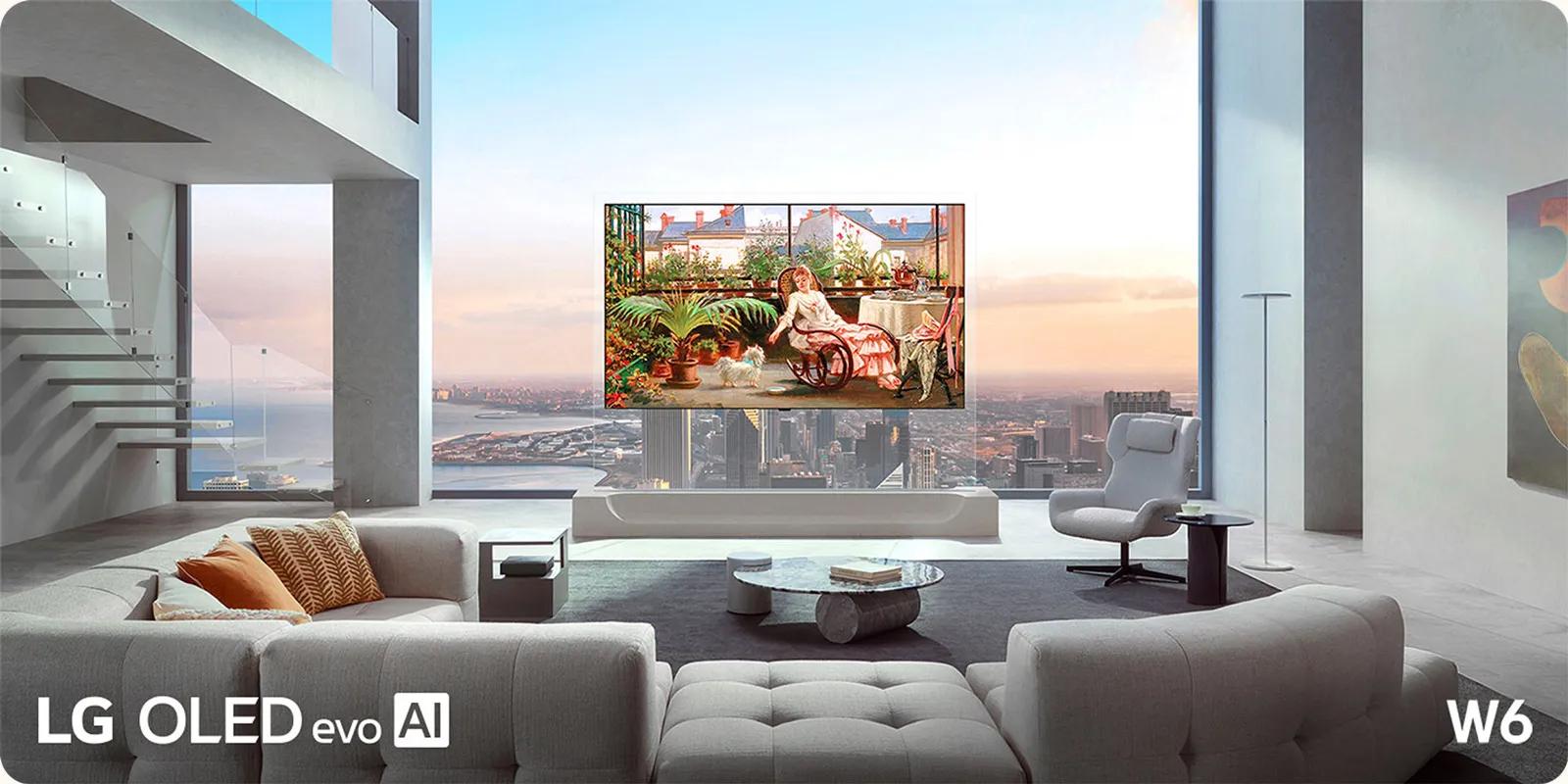 LG OLED evo AI W6 Wallpaper TV with a 9mm-range profile is showcased in a living room, blending into the sophisticated interior while displaying a vibrant painting of a woman relaxing with a dog beside expansive city-view windows.