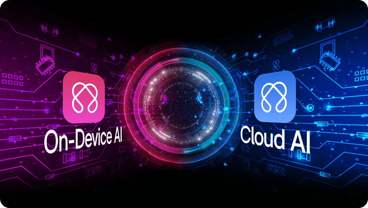 A digital illustration depicting the integration of On-Device AI and Cloud AI, represented by two connected network circuits and glowing logos in pink and blue.