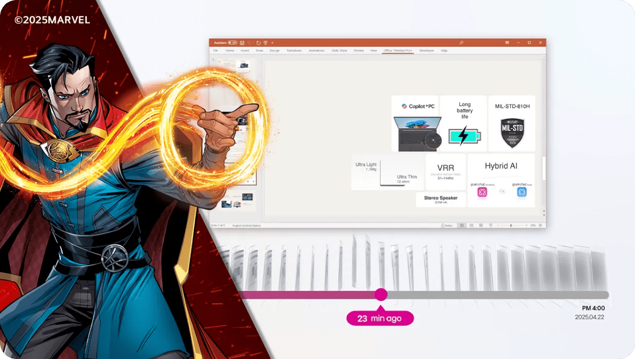 Doctor Strange in a blue and red costume uses magic to rotate a ring on the left. On the right is a computer interface with multiple app windows. A timeline at the bottom shows 23 min ago with a sliding pointer. ©2025MARVEL.