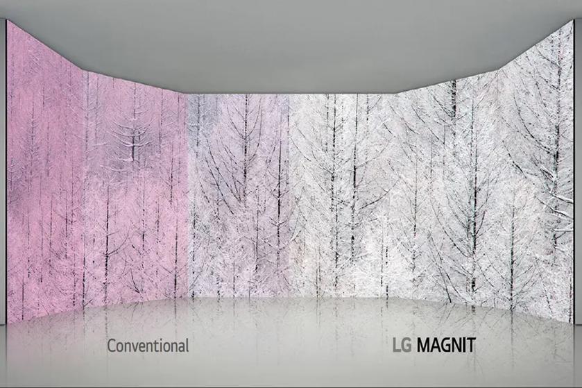 Two video displays showing snowy forests with a pink tint on the left and white on the right, labeled "Conventional" and "LG MAGNIT."

