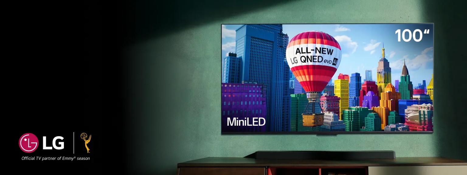 TV displays hot air balloon that reads “ALL-NEW LG QNED evo AI.” “100”” and “MiniLED” appear in corners of the TV.