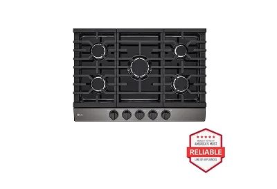 A top-down image of an LG CBGJ3023D gas cooktop next to a red 'Brought to you by American's Most Reliable Line of Appliances' badge and a blue 'ENERGY STAR® certified' badge.