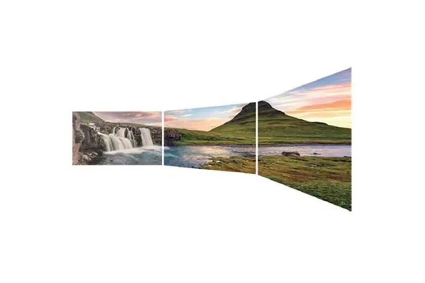 Three-panel panoramic landscape with waterfall, mountains, and sunset sky.