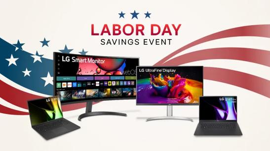 “Labor Day Savings Event” title badge. Various LG laptops and monitors appear on a stars and stripes background. 