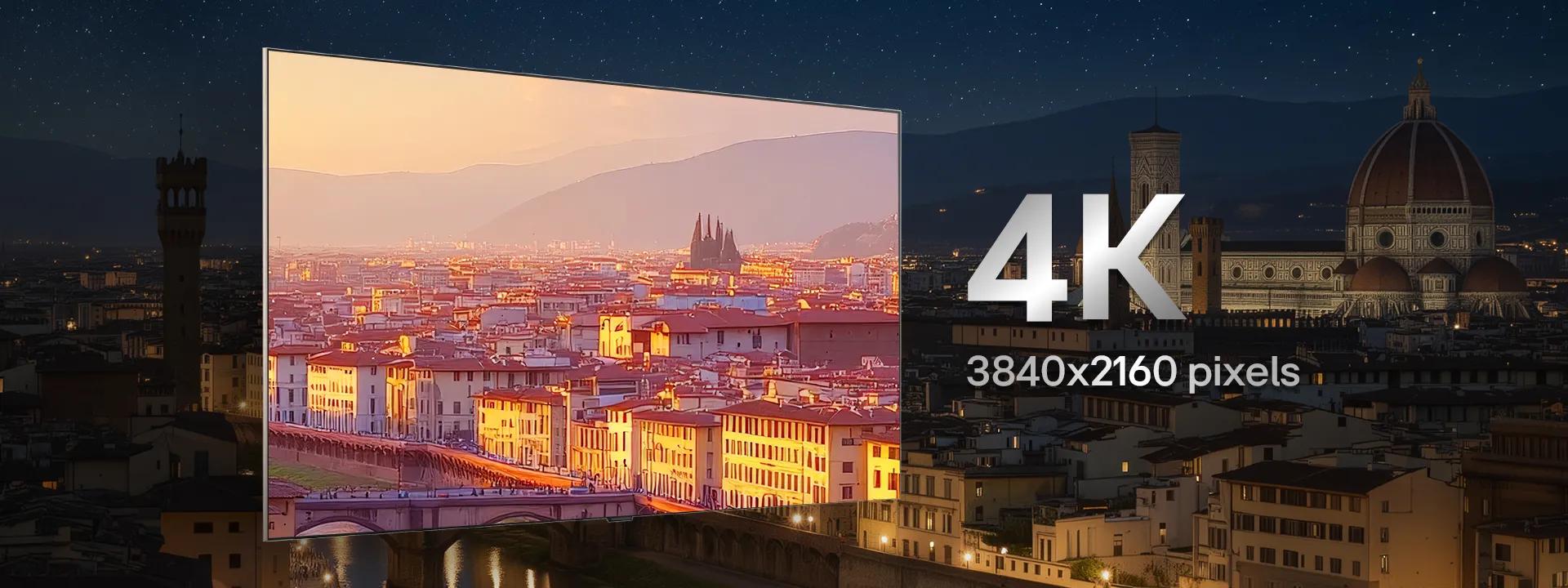 LG 4K TV displays a vivid 3840x2160 resolution scene on a wide, slim-bezel screen, featuring a brightly lit cityscape at sunset, emphasizing sharp detail, high pixel density, and immersive everyday viewing clarity.