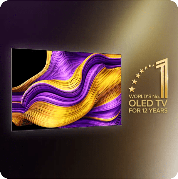 LG OLED TV with bright purple and yellow abstract waves and “World’s No. 1 OLED TV for 12 Years” badge next to it.