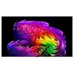 The front view of LG OLED evo features a slim black bezel, with a vivid, sculptural image of richly layered, multicolored forms filling the screen.
