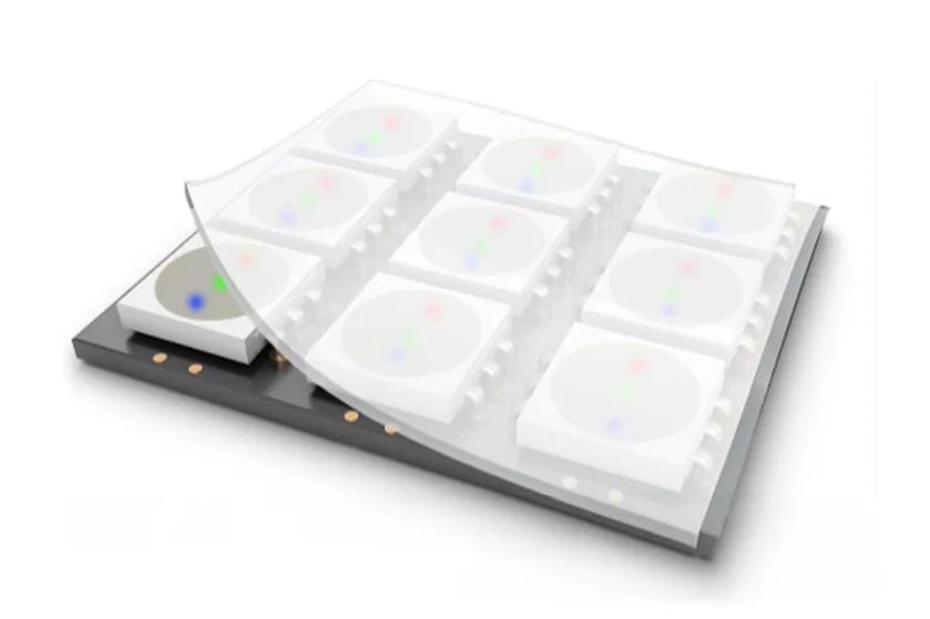 A matrix of square LED modules with RGB colors under a transparent cover.