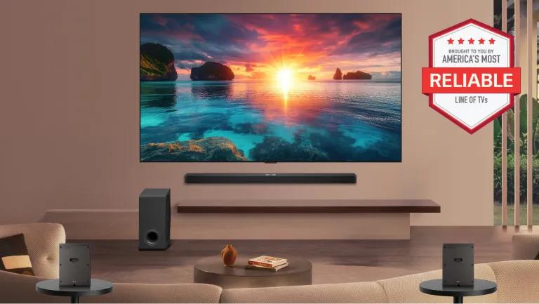 Labor Day -- LG TV mounted on wall above an LG Soundbar, subwoofer, and two rear speakers in a living room setting, with "brought to you by America's Most Reliable Line of TVs" badge