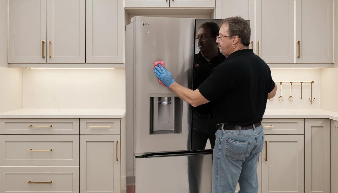 A technician wearing blue gloves wiping the exterior front door of a LG refrigerator with a pink cloth to remove fingerprints and smudges.